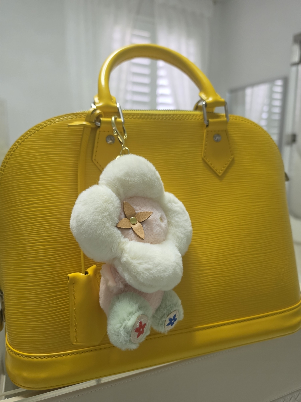 Lv Alma Mm Yellow Women's Top-Handle Bag with Plush Flower Charm